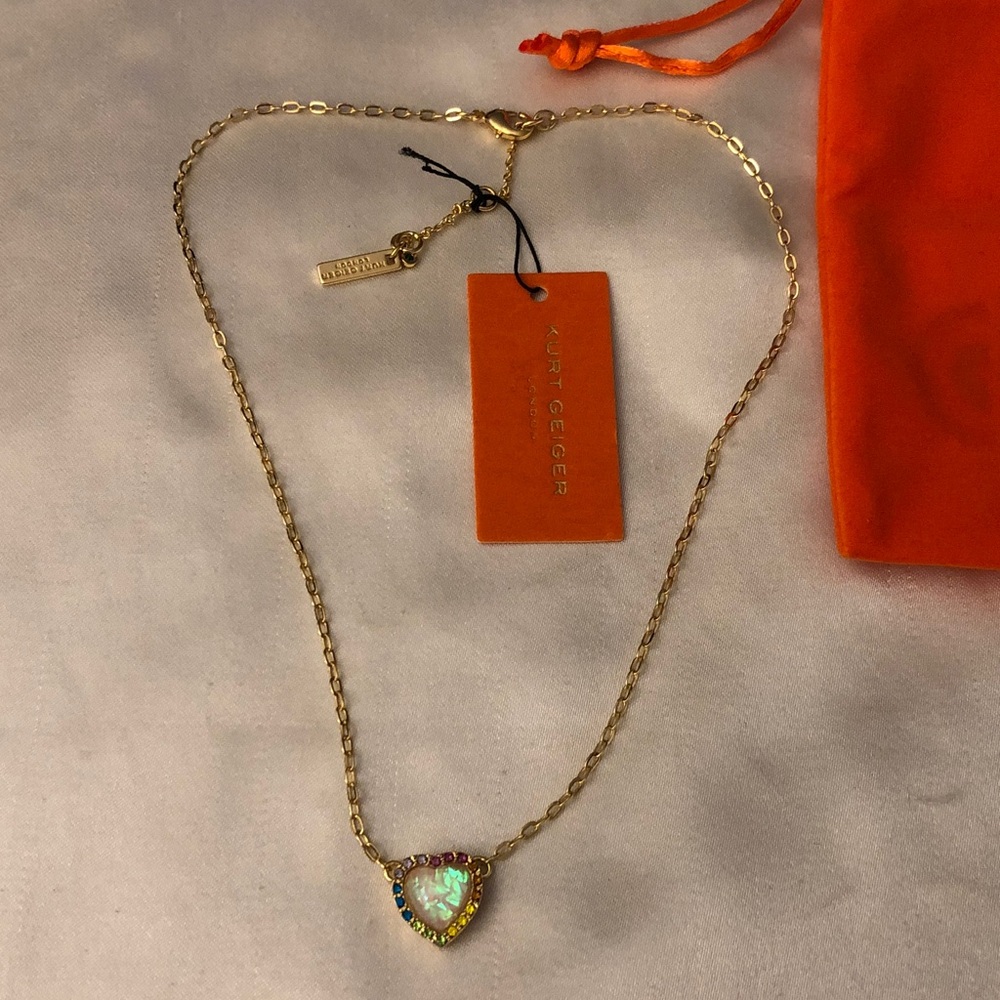 Kurt Geiger London Gold Tone Opal Heart Rainbow Crystal Pendant Necklace NWT - Picture 7 of 14